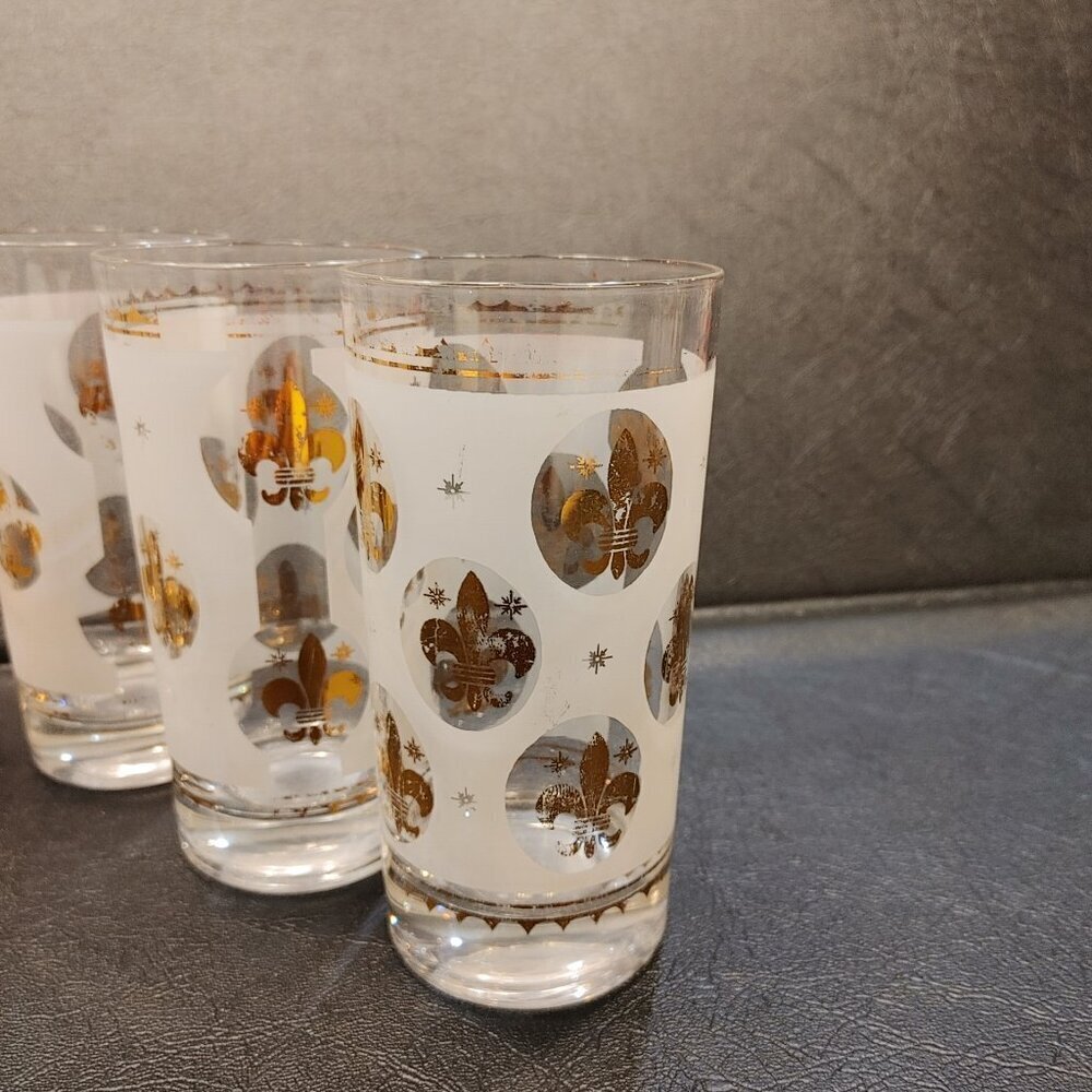 Libbey Highball Glasses Frosted Fleur de Lis Gold Rim 1950s Set of 6 - Picture 10 of 10